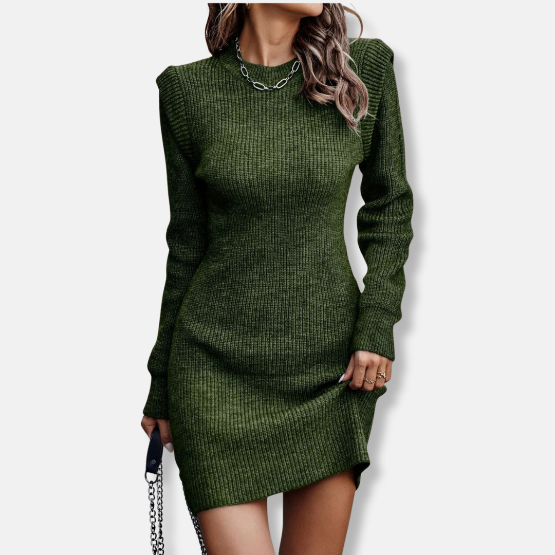 Women's ribbed knit mini dress slim fit long sleeves structured puff shoulders chic bodycon style
