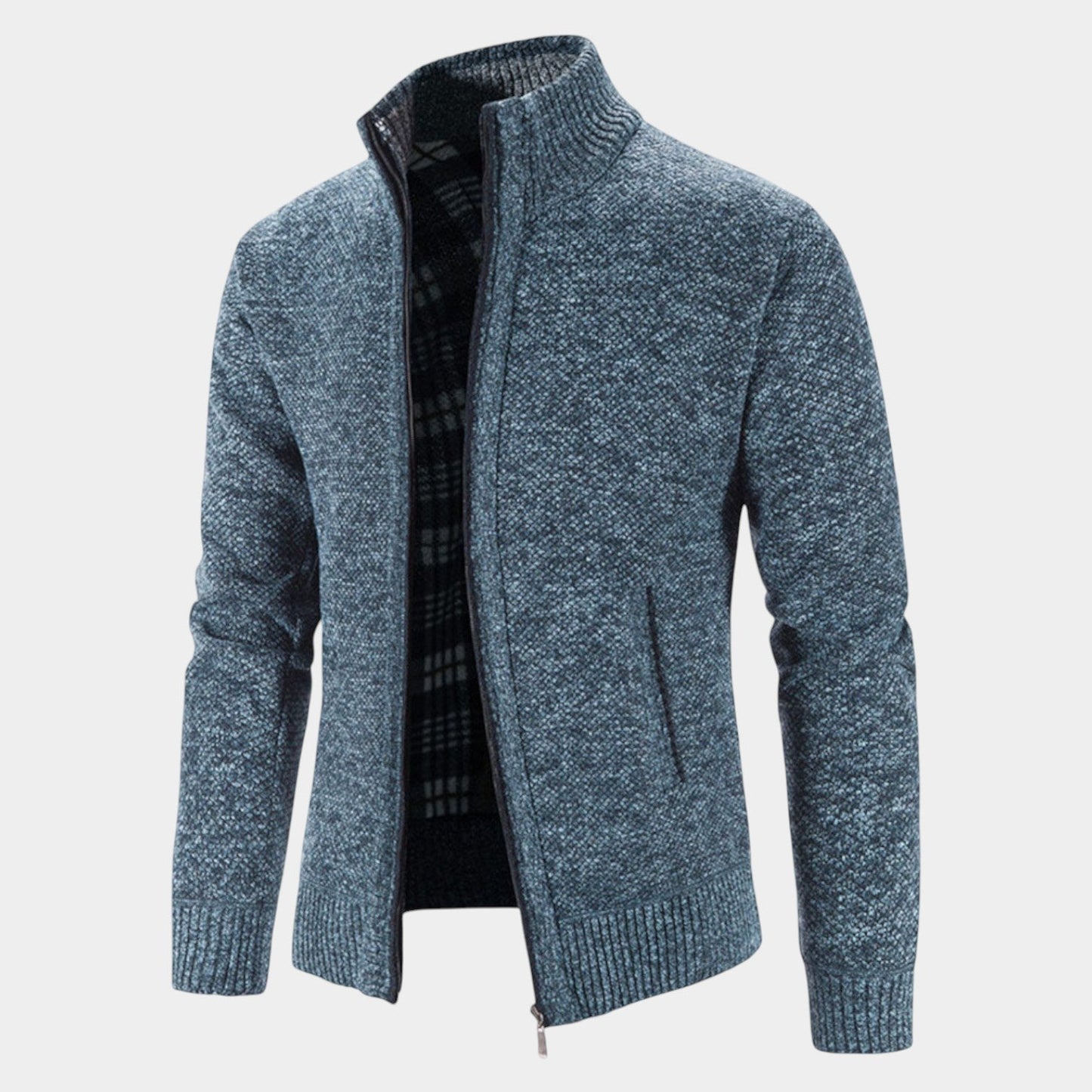 Men's gray knit cardigan with zipper closure and stand-up collar for modern everyday style