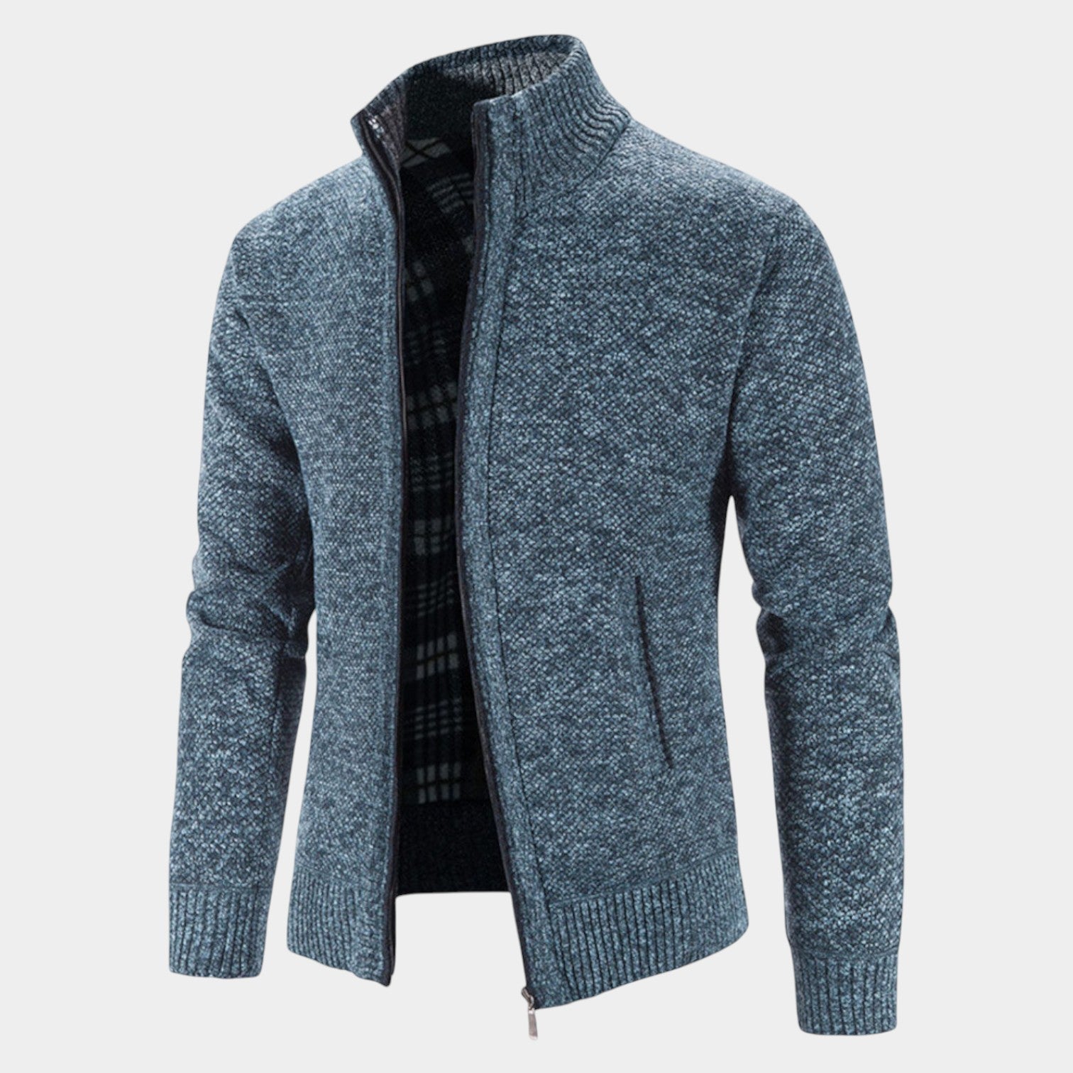 Men's gray knit cardigan with zipper closure and stand-up collar for modern everyday style