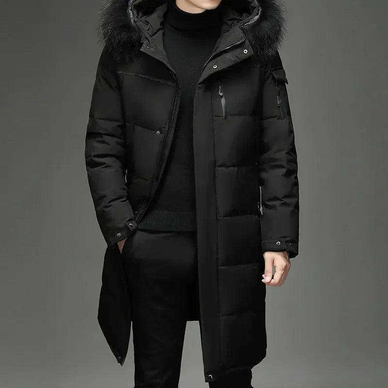 Men's black hooded parka coat with winterproof construction for extreme cold outdoor wear