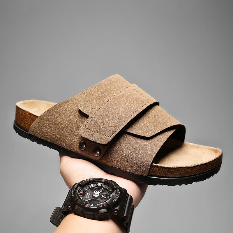 Cavelo suede leather slide sandal with dual adjustable straps and molded footbed for everyday comfort