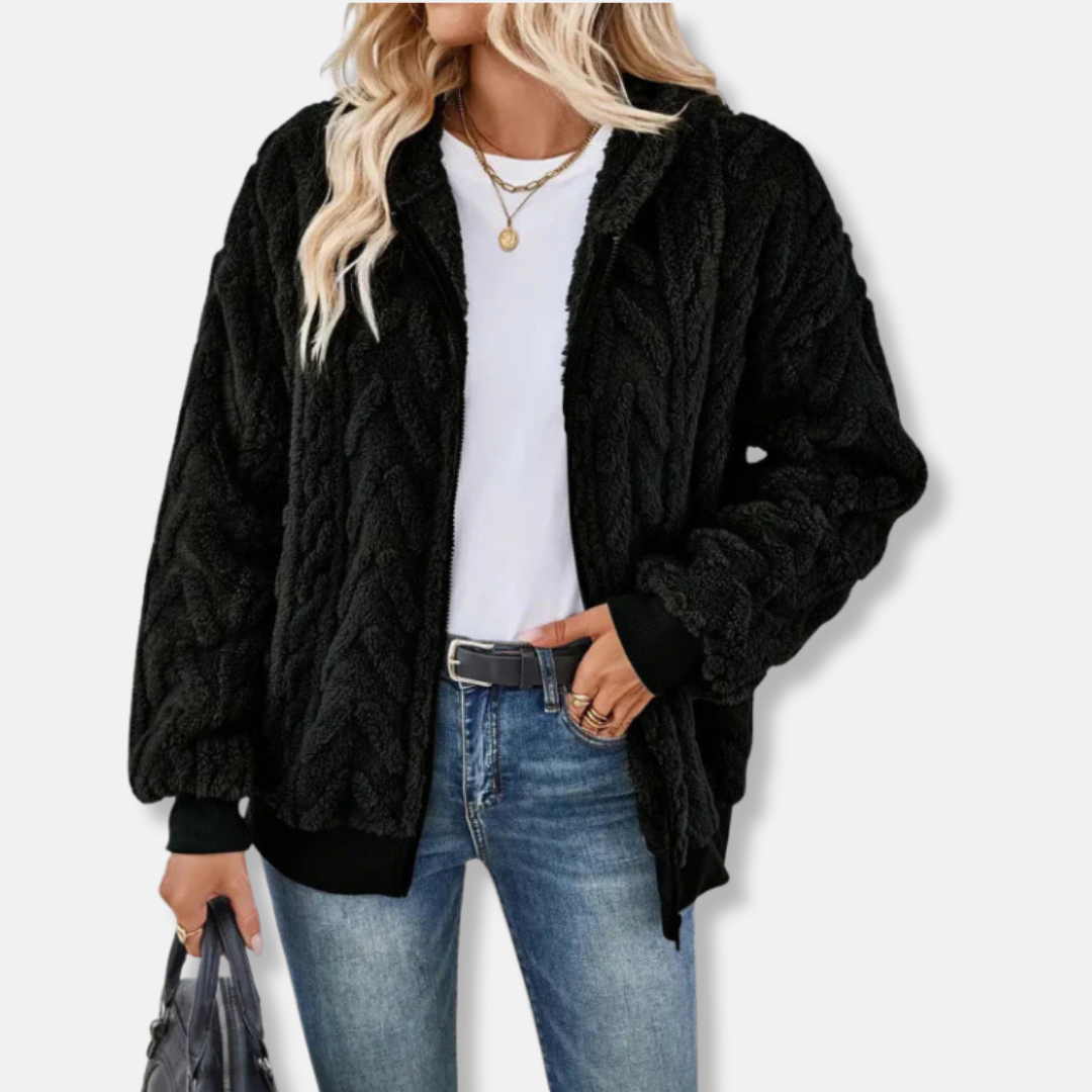 Women's oversized plush knit hooded jacket full zip relaxed fit cozy layering piece