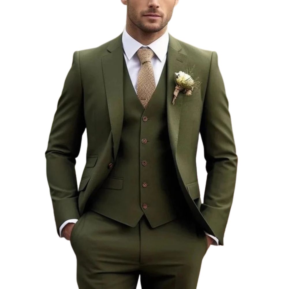 Men's slim fit three-piece formal suit in classic tone, sharp tailored silhouette for weddings and business