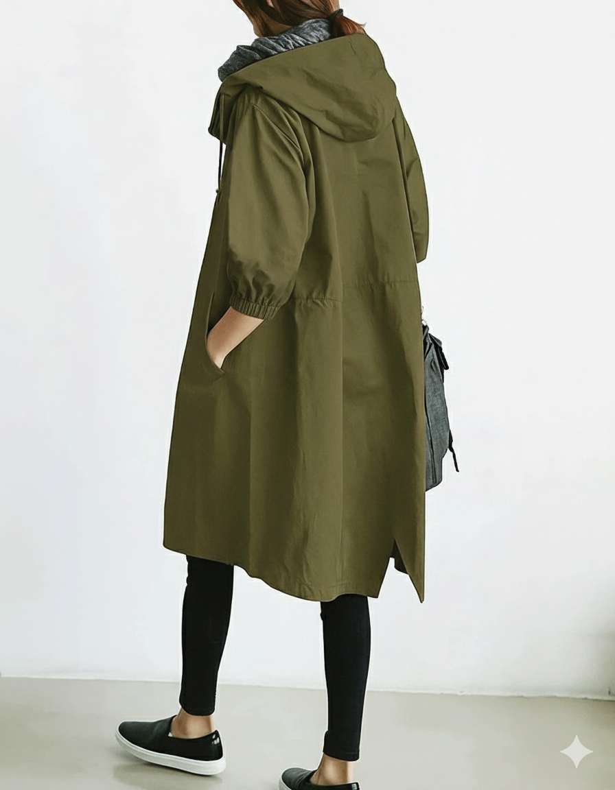 Women's beige hooded trench coat classic silhouette with premium durable fabric for all-day comfort