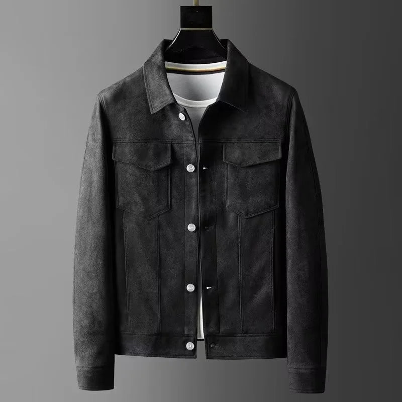 Men's slim fit brown suede Harrington jacket lightweight deerskin fleece breathable all-season outer layer