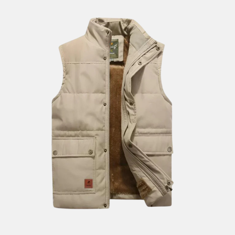 Men's quilted woven vest with stand-up collar and snap pockets for versatile layering