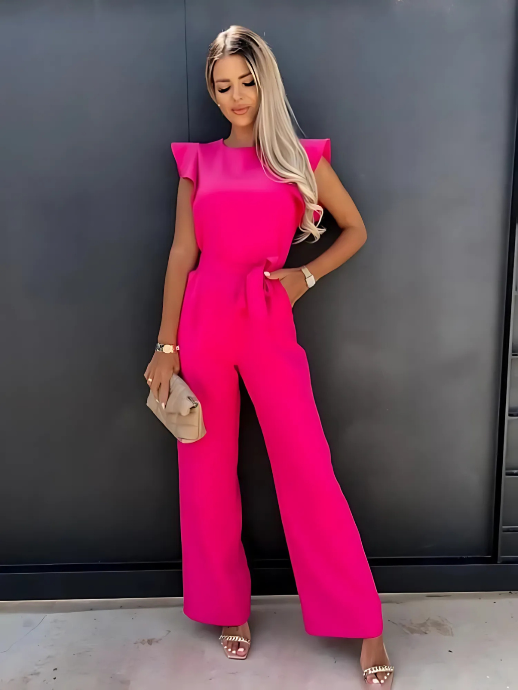 Petite elegant jumpsuit flattering silhouette soft luxurious fabric special occasions weddings