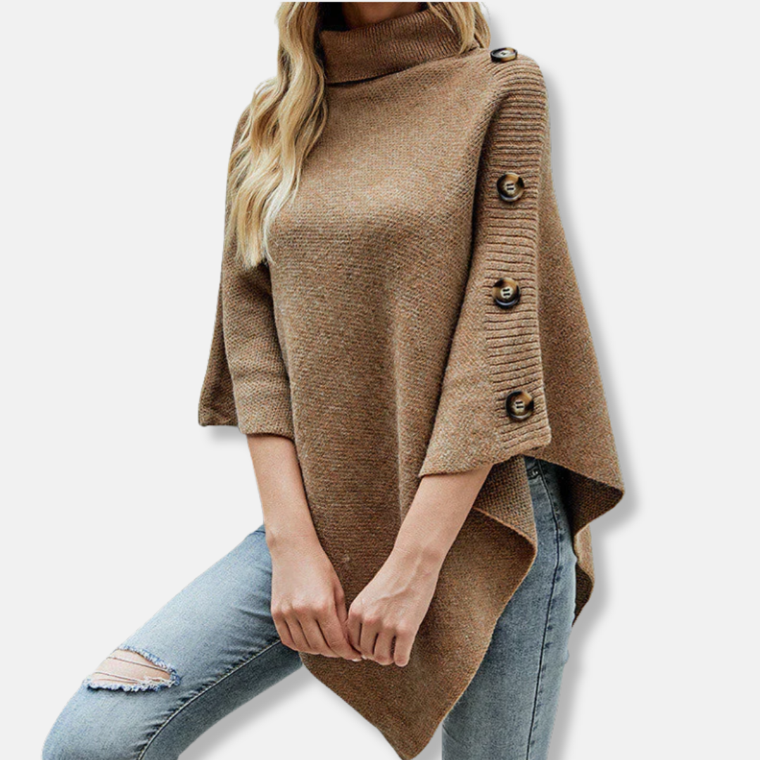 Women's knitted poncho high neck oversized fit asymmetrical hem cozy street style layering piece