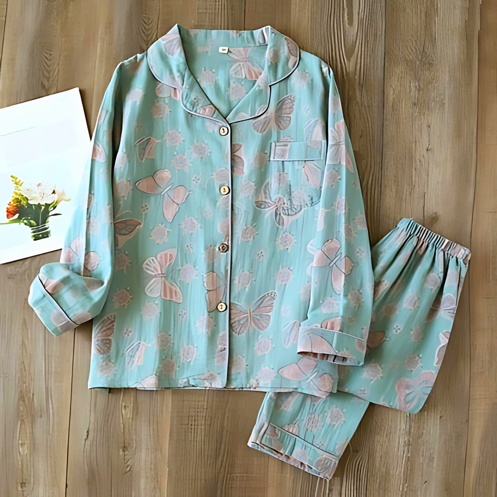 Women's butterfly print pajama set with button-front long sleeve top and elastic waistband cozy fit