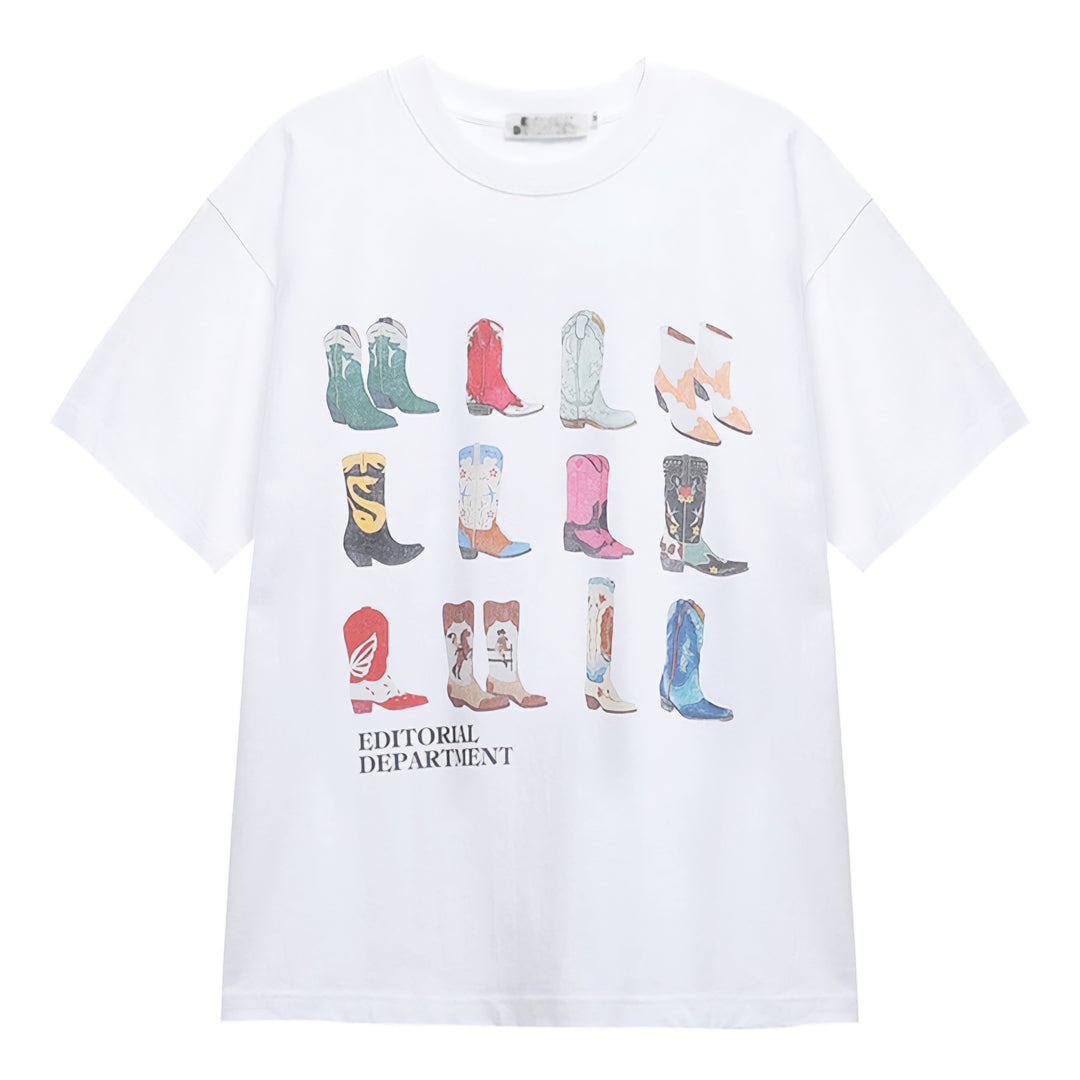 White cotton casual western fit t-shirt with illustrated cowboy boots garment-dyed soft-washed