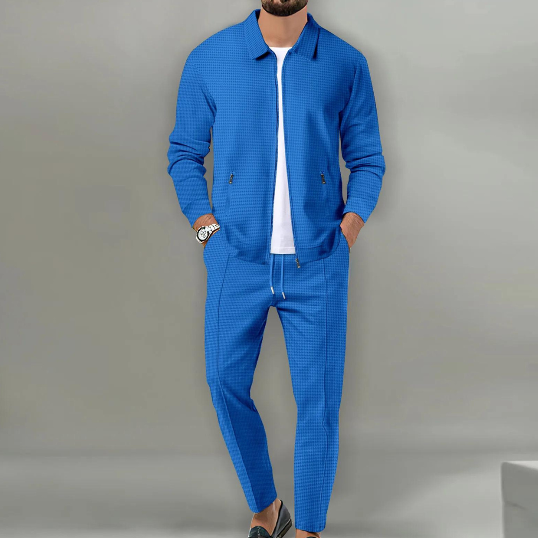 Men's slim fit casual matching set neutral tones modern tapered silhouette coordinated top and bottom