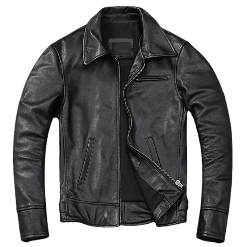 Men's brown genuine leather jacket slim fit with aged patina finish by Stratton & Co