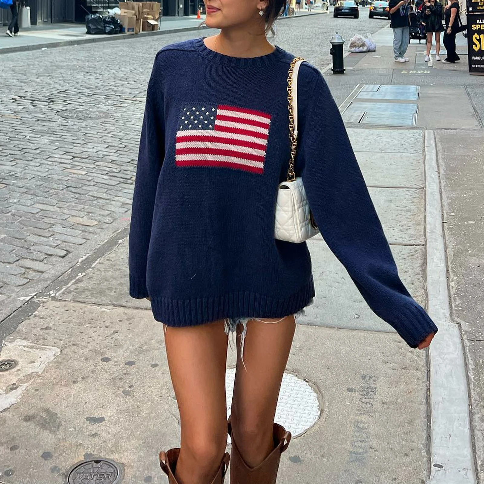 Red white blue American flag knit sweater bold patriotic design soft comfortable casual everyday wear
