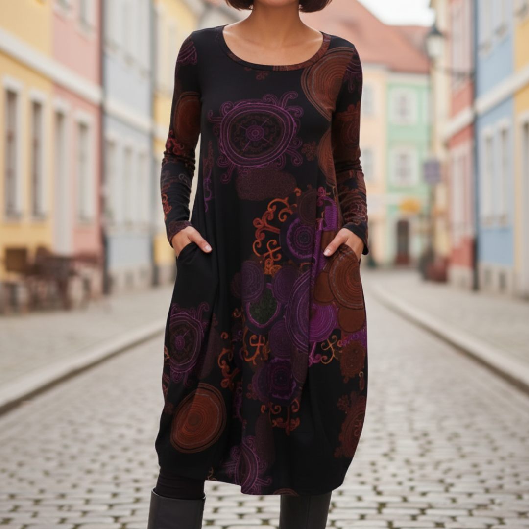 Women's bohemian maxi dress in red, black, or green with tone-on-tone medallion spiral print