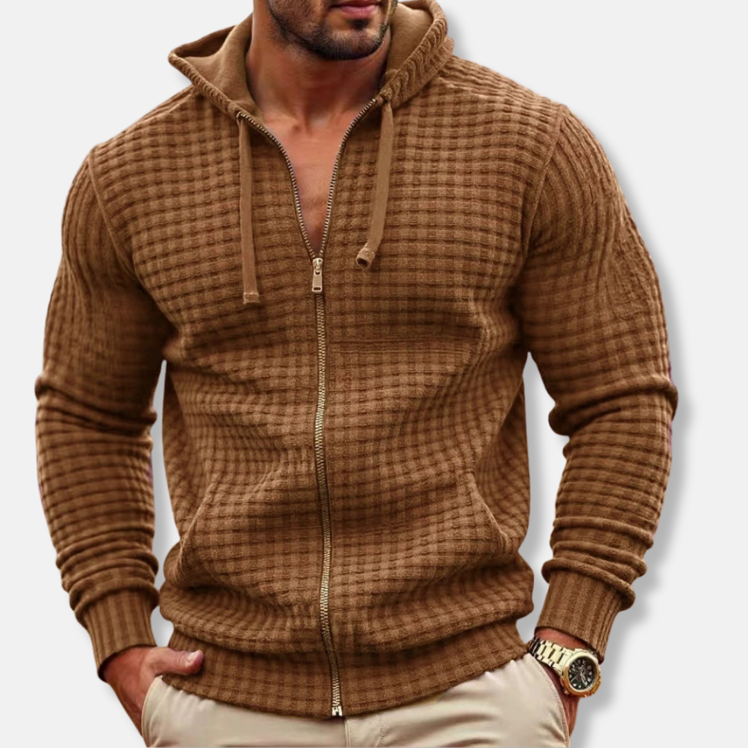 Men's zip-up hoodie cotton blend regular fit with textured grid pattern in neutral tone