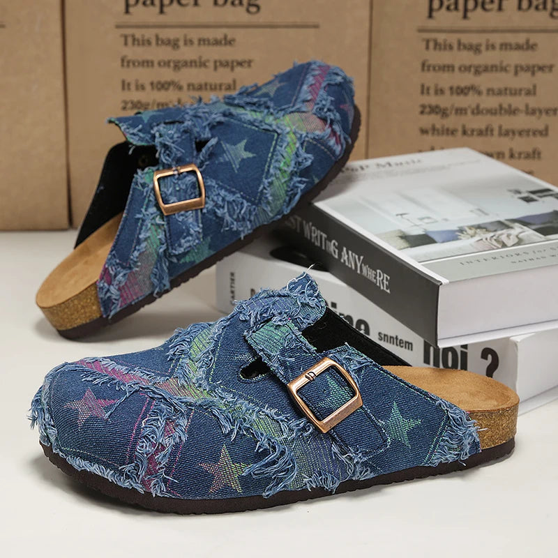 Women's distressed denim patchwork mules with vintage-wash texture and cork footbed comfort