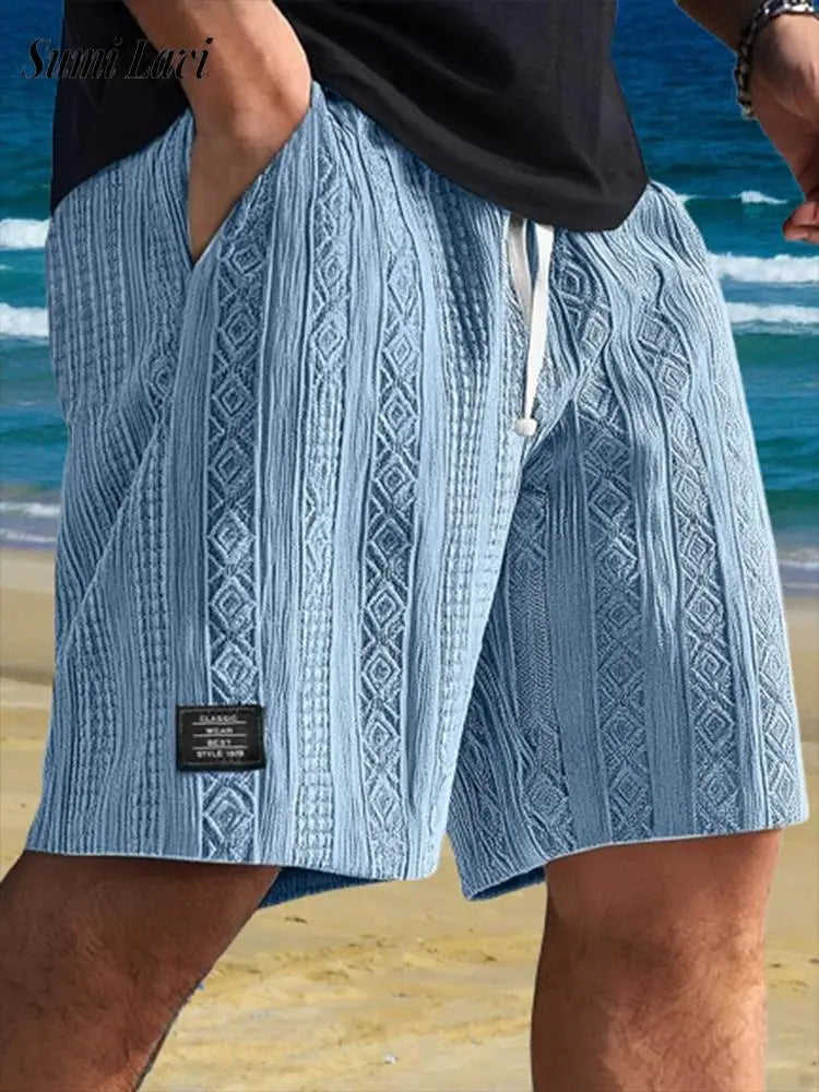 Unisex diamond knit lounge shorts geometric jacquard texture heavyweight cotton-blend elastic waistband