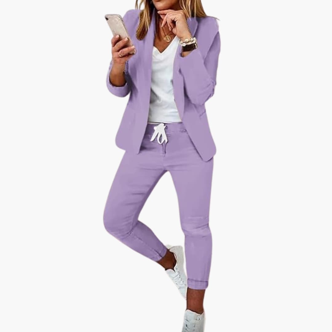Women's lounge set blazer with structured lapel and drawstring joggers, chic casual coord