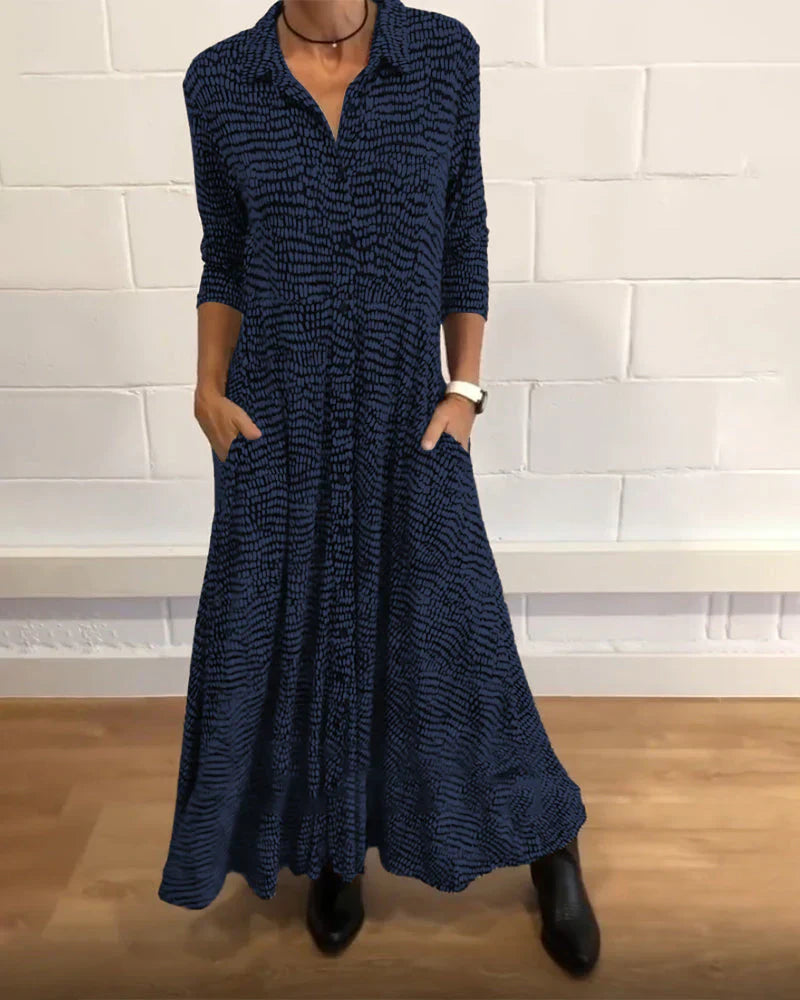 Eleonora women's long trapeze dress with pockets and button details, elegant versatile silhouette