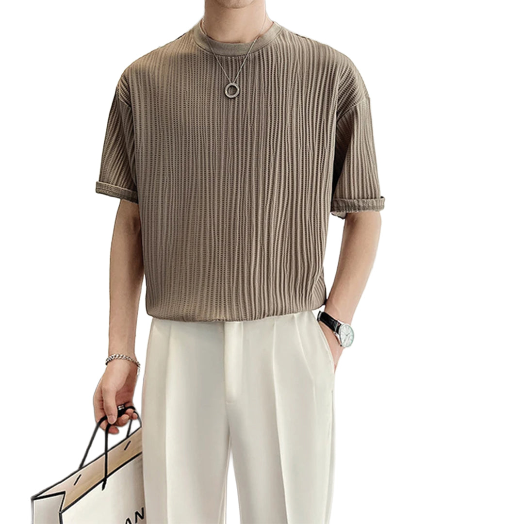 Unisex pleated texture T-shirt loose fit subtle stretch versatile smooth fabric blend comfort