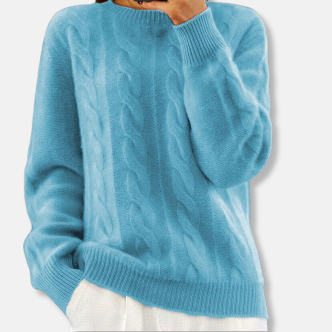 Women's cable knit crewneck sweater relaxed fit wool-cashmere blend cozy texture neutral tones