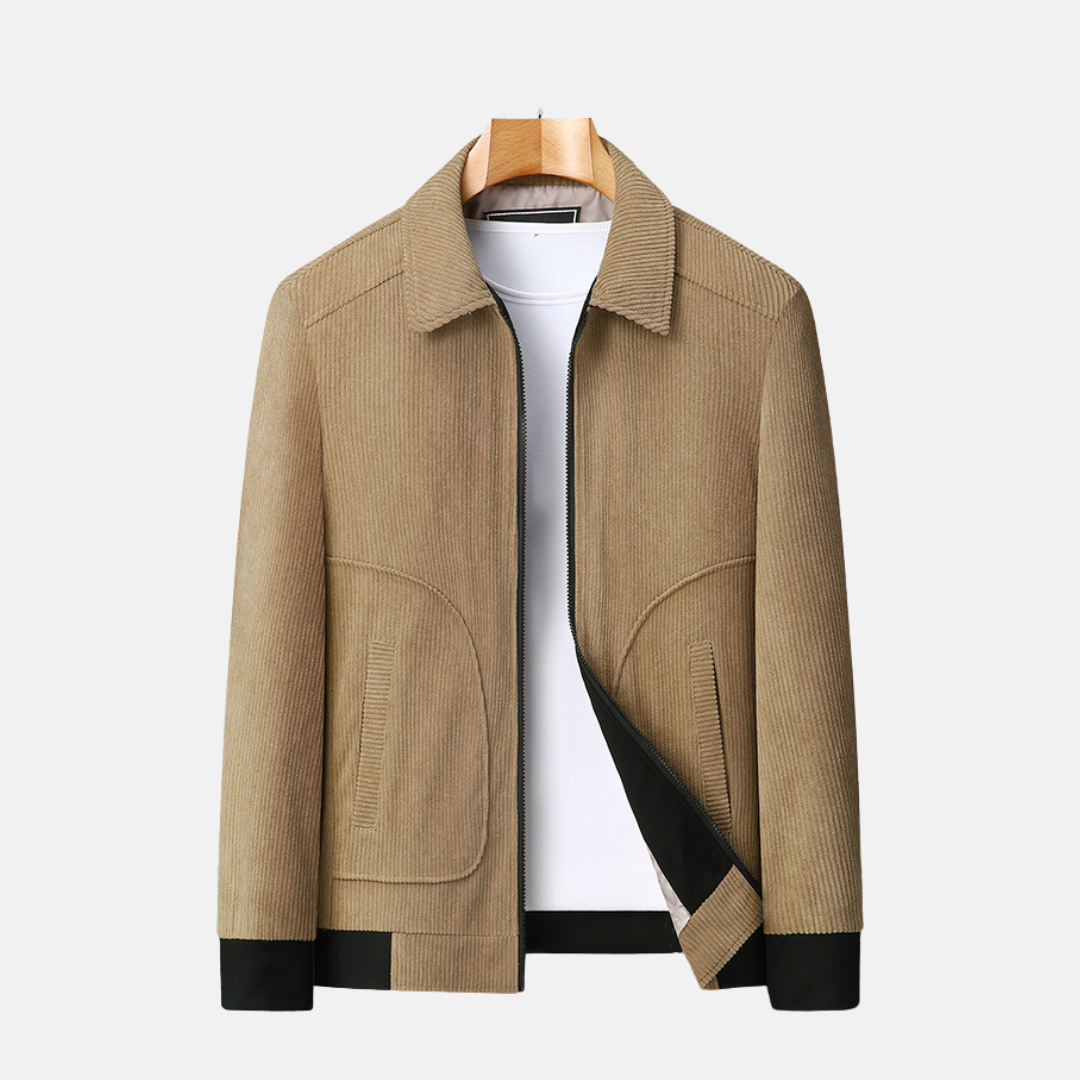 Men's brown corduroy hip-length loose-fit jacket with soft wale texture for smart casual wear