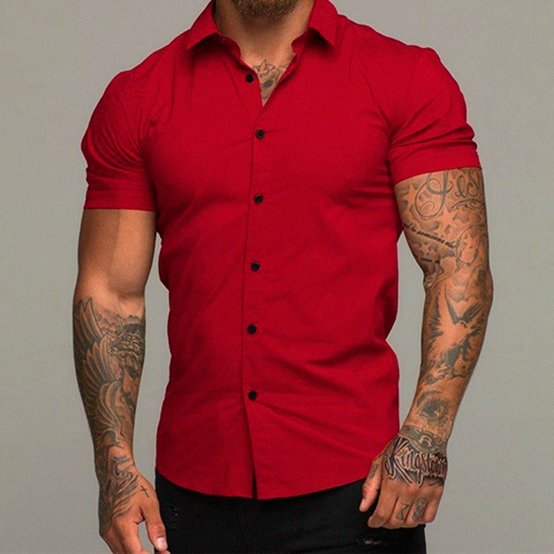 Navy blue stretch-fit short sleeve dress shirt with wrinkle-resistant athletic sculpted cut for professionals