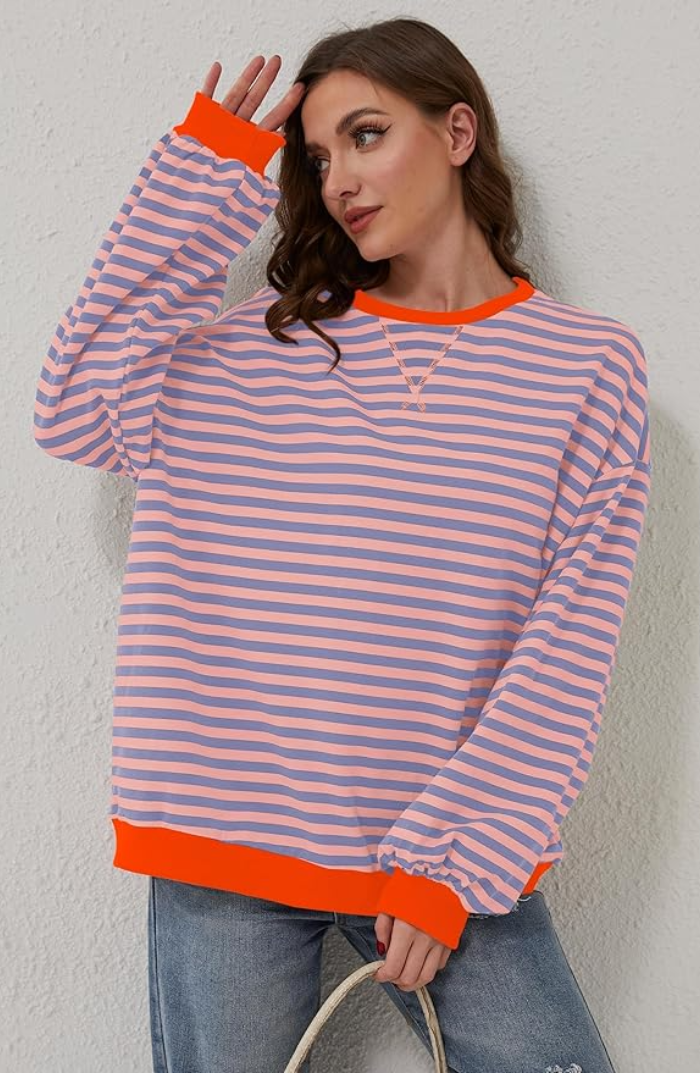 Women's oversized striped knit sweater relaxed fit vibrant multicolored cozy everyday style