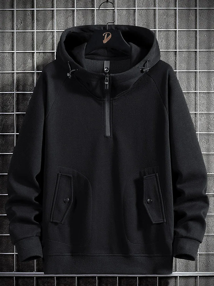 Unisex quarter-zip fleece hoodie relaxed fit with adjustable hood and dual front pockets