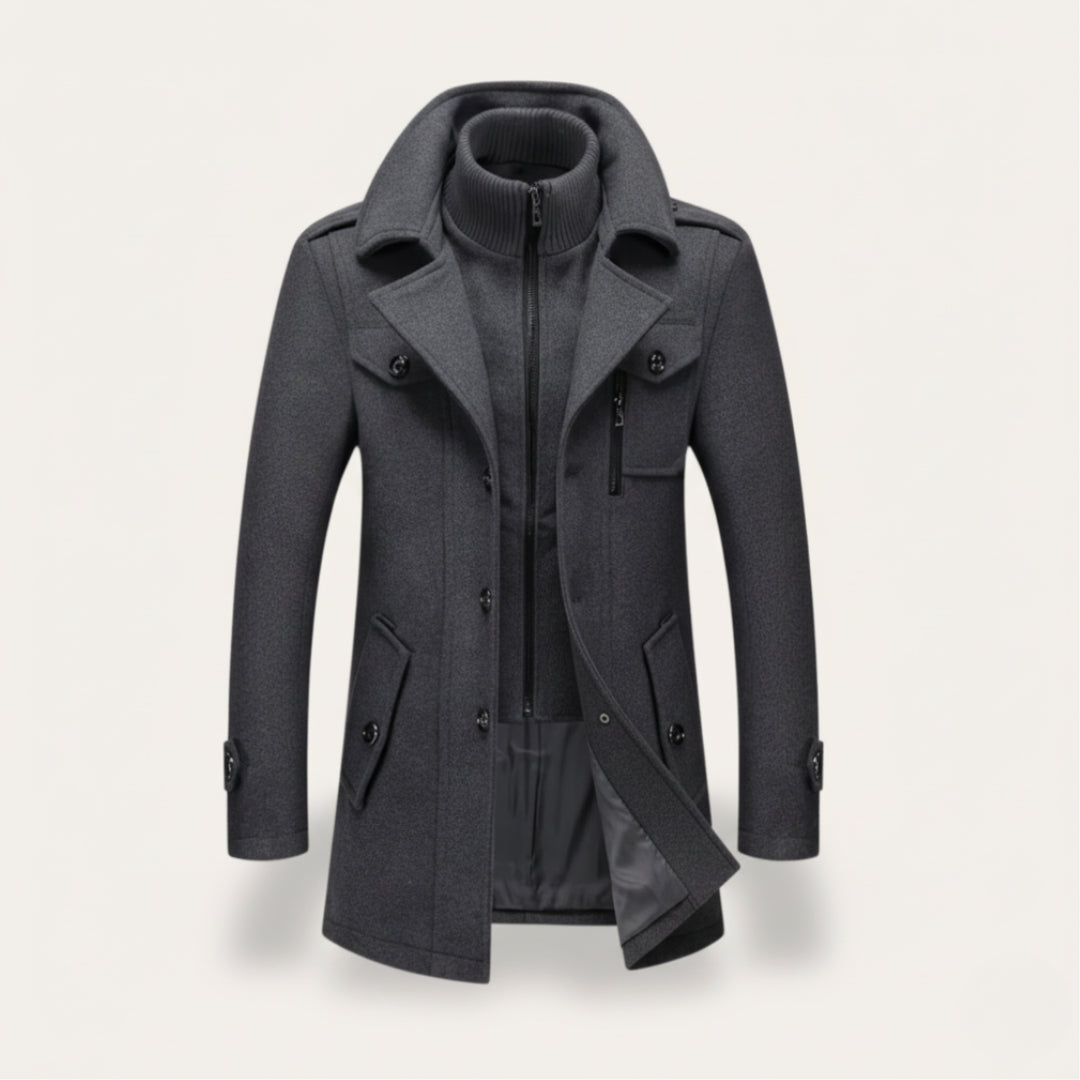 Men's dark wool winter overcoat with stand collar, epaulets, cuffed straps, and dual button-zip closure