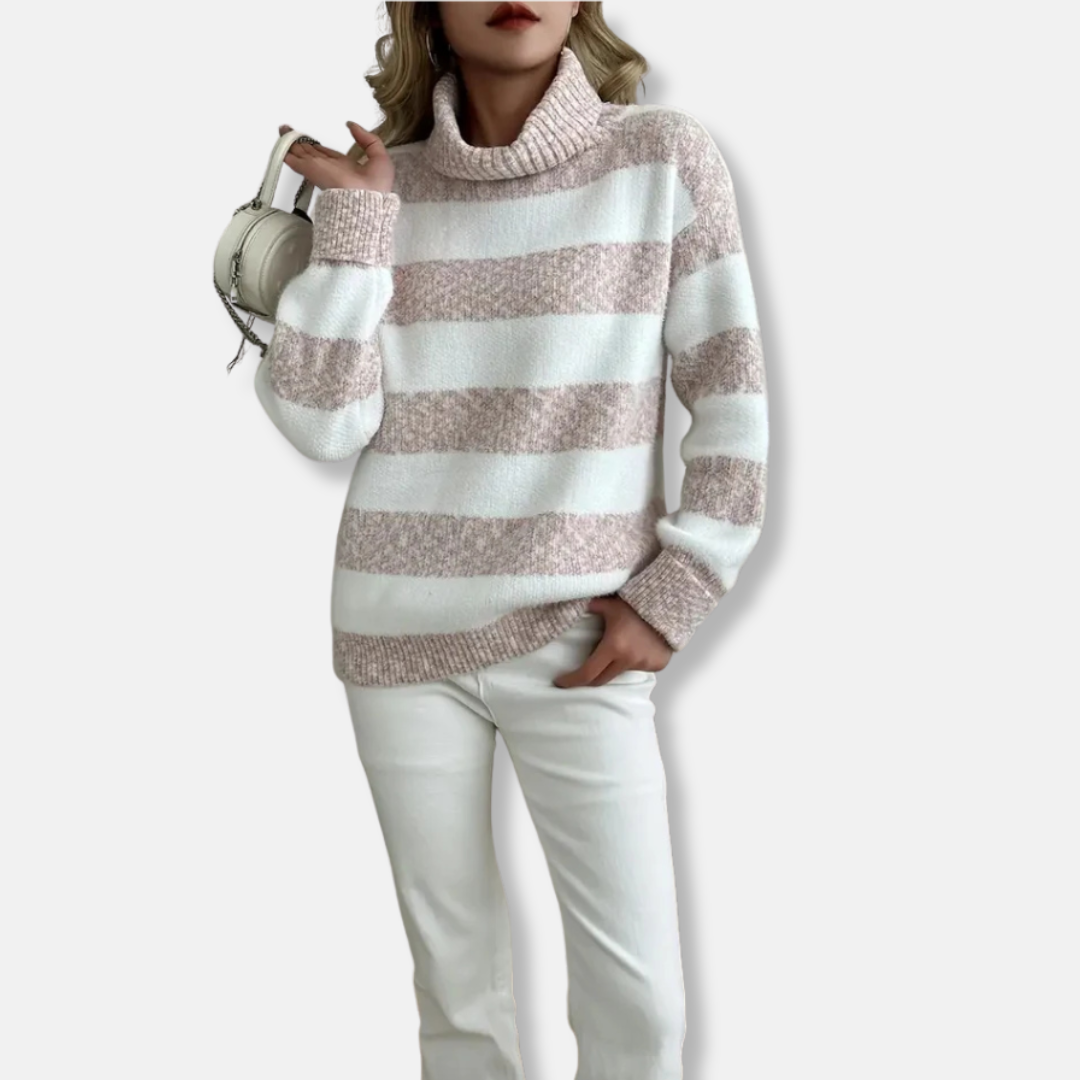 Women's plush knit turtleneck pullover sweatshirt in striped texture, loose relaxed fit for fall