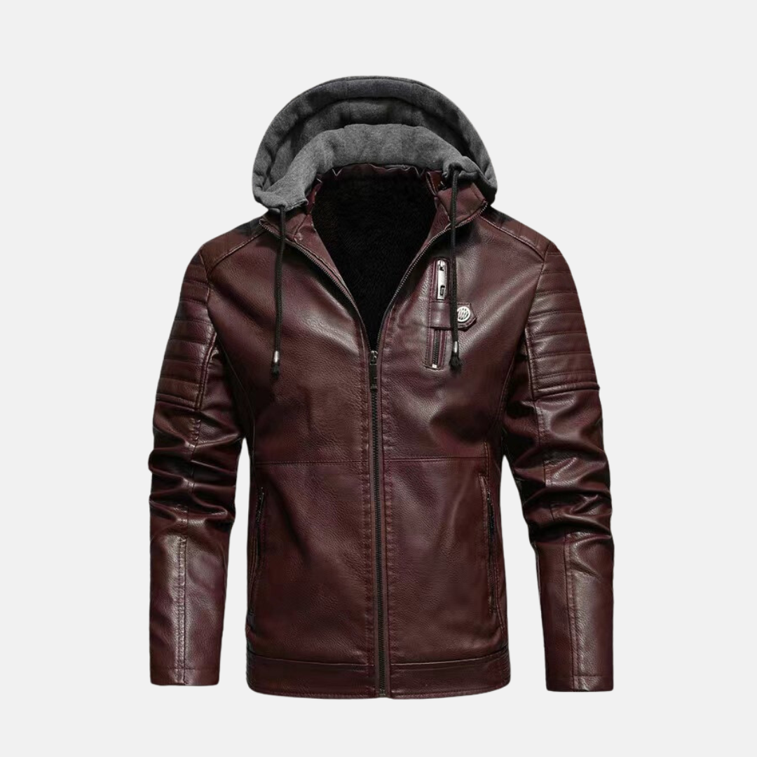 Men's slim-fit black PU leather hooded jacket with plush-lined interior and zip closure