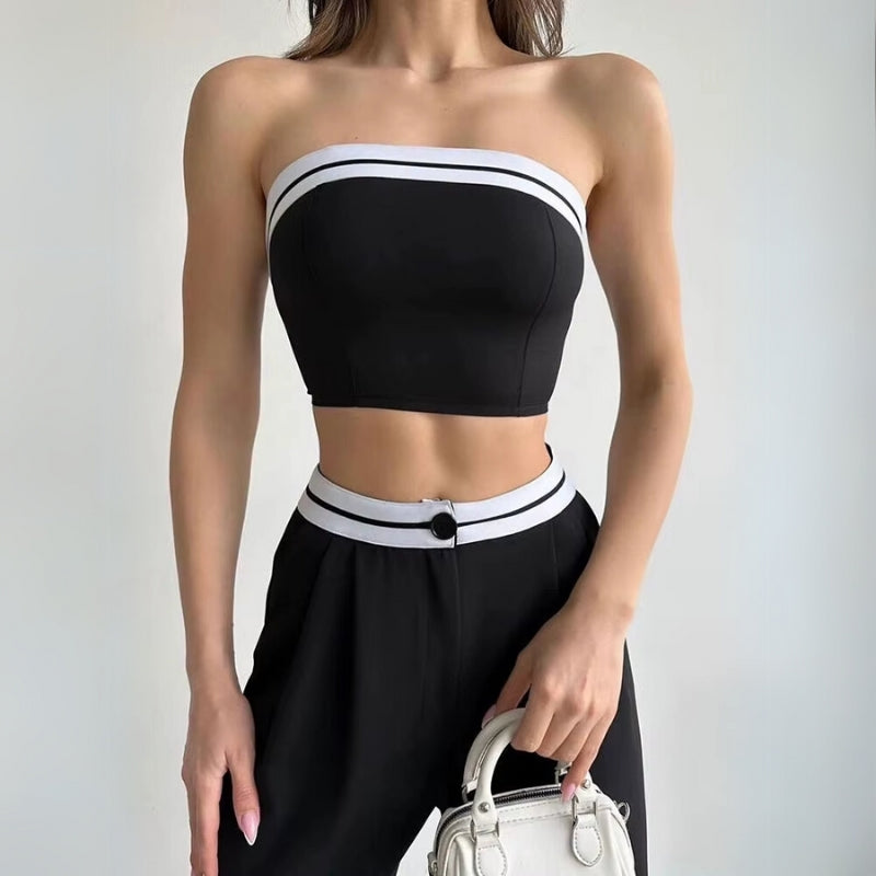 Beige sculpted bandeau top and draped wide-leg pants two-piece set with stretch-fit silhouette