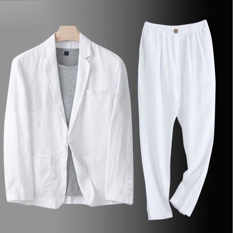 Halden beige linen two-piece blazer and pants set, relaxed slim fit with breathable natural fabric