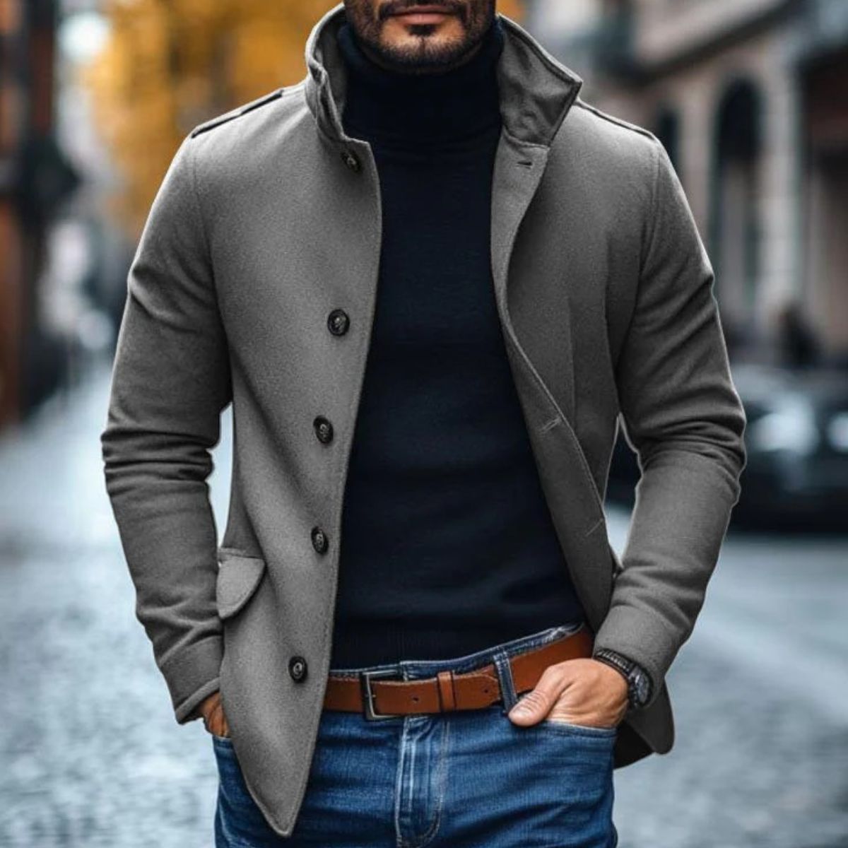 Men's charcoal wool overcoat tailored Italian silhouette with structured smart lapels