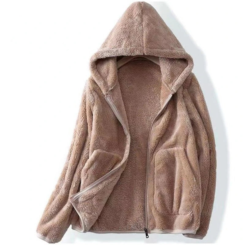 Aria women's coral fleece hoodie jacket oversized hood relaxed fit lightweight layering