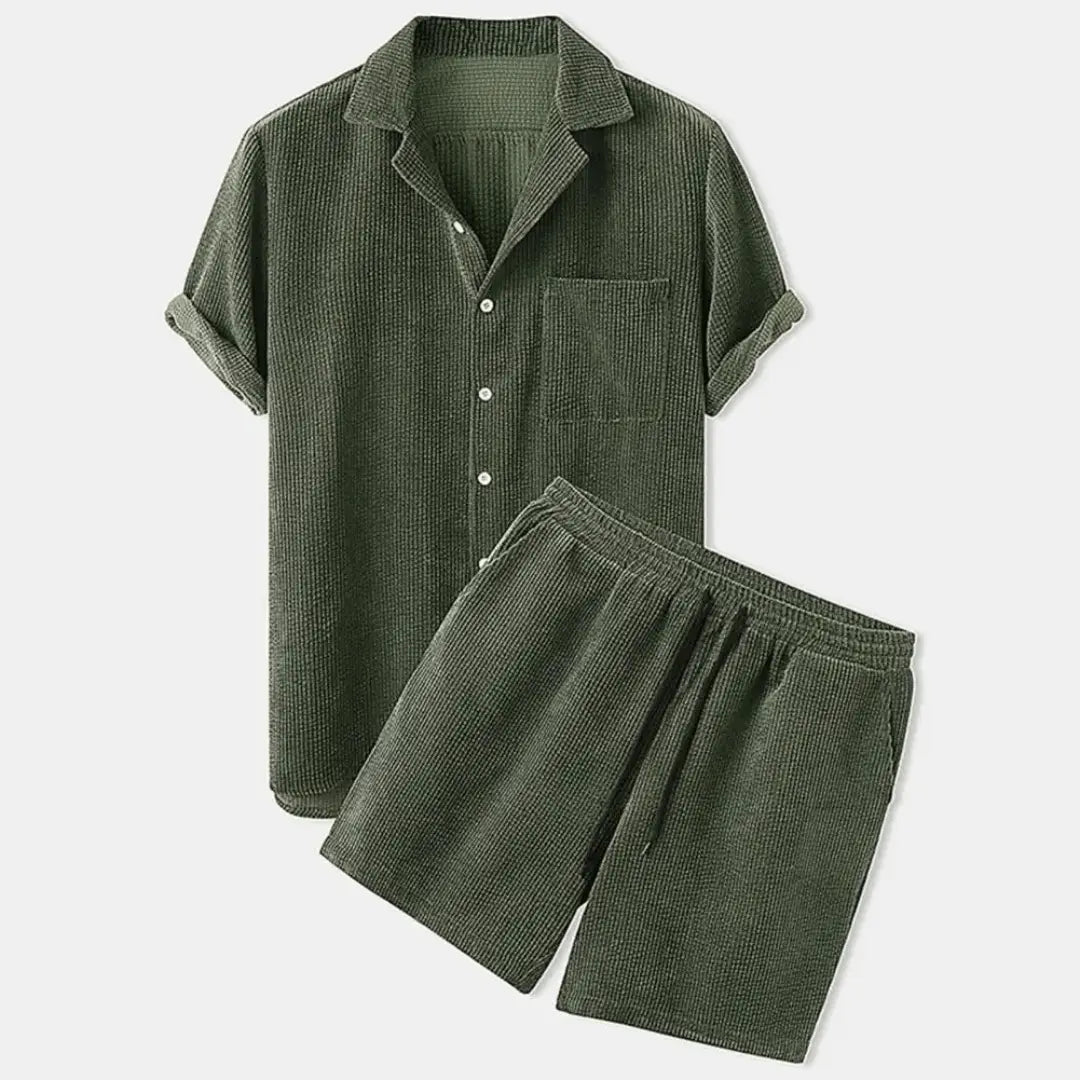 Men's brown corduroy retro casual set with button-up shirt featuring chest pocket, limited edition