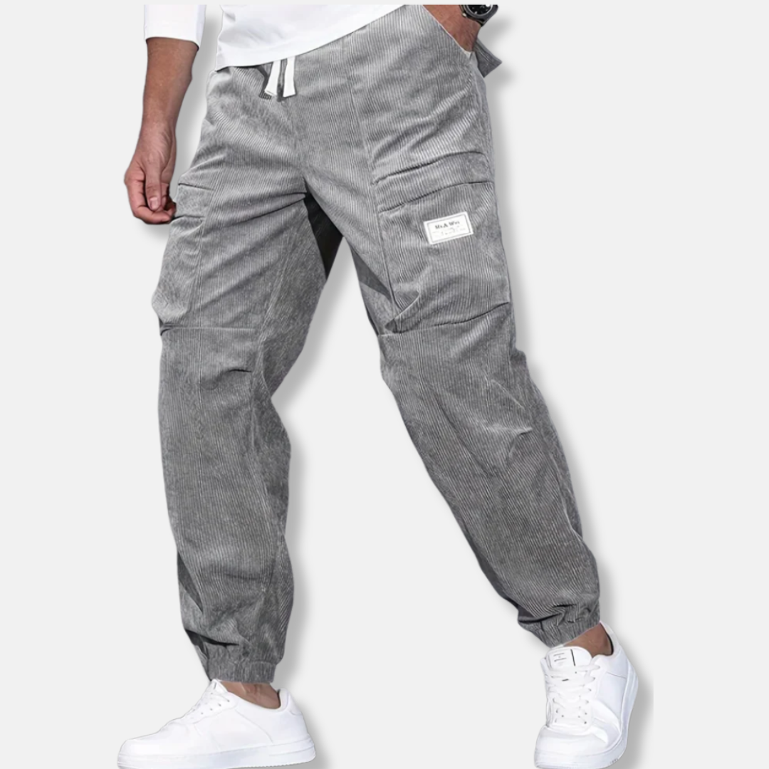 Men's brown corduroy pants loose fit tapered leg with adjustable elastic waist cuffs