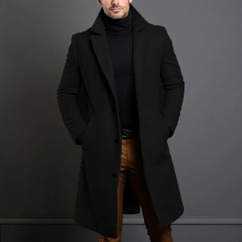 Jameson men's long overcoat classic tailored silhouette with structured lapel collar for formal wear