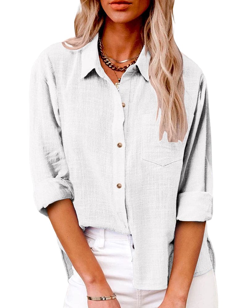 Women's casual long sleeve button-down shirt relaxed fit soft drape everyday versatile style