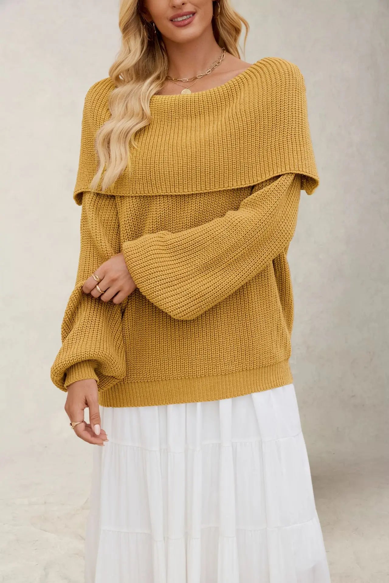 Leona off-shoulder chunky rib-knit pullover with fold-over collar and voluminous sleeves
