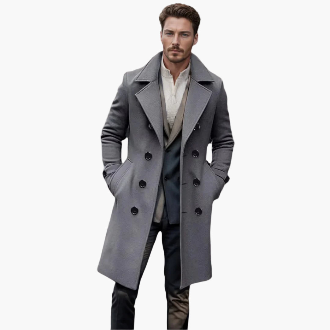 Men's double-breasted long coat slim Italian silhouette wide lapels elegant business casual style