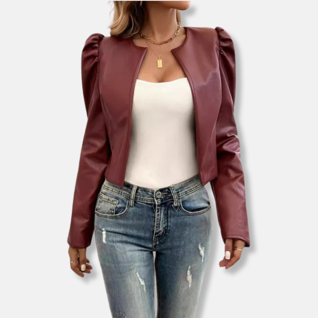 Women's black faux leather cropped jacket with puff sleeves and collarless open front design