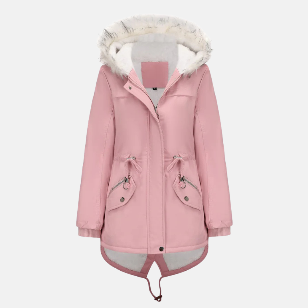 Women's mid-length parka jacket tailored fit weather-resistant with removable faux fur hood