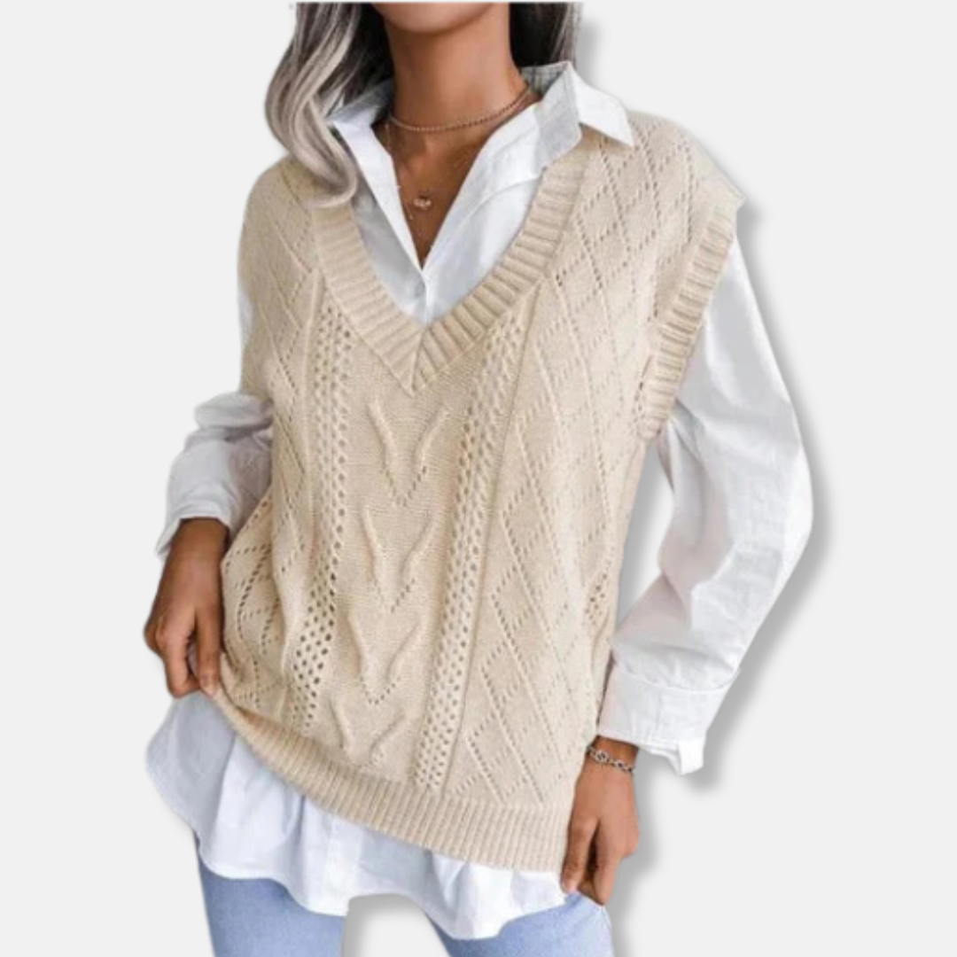 Women's relaxed-fit cable knit vest V-neck soft cotton blend casual layering piece