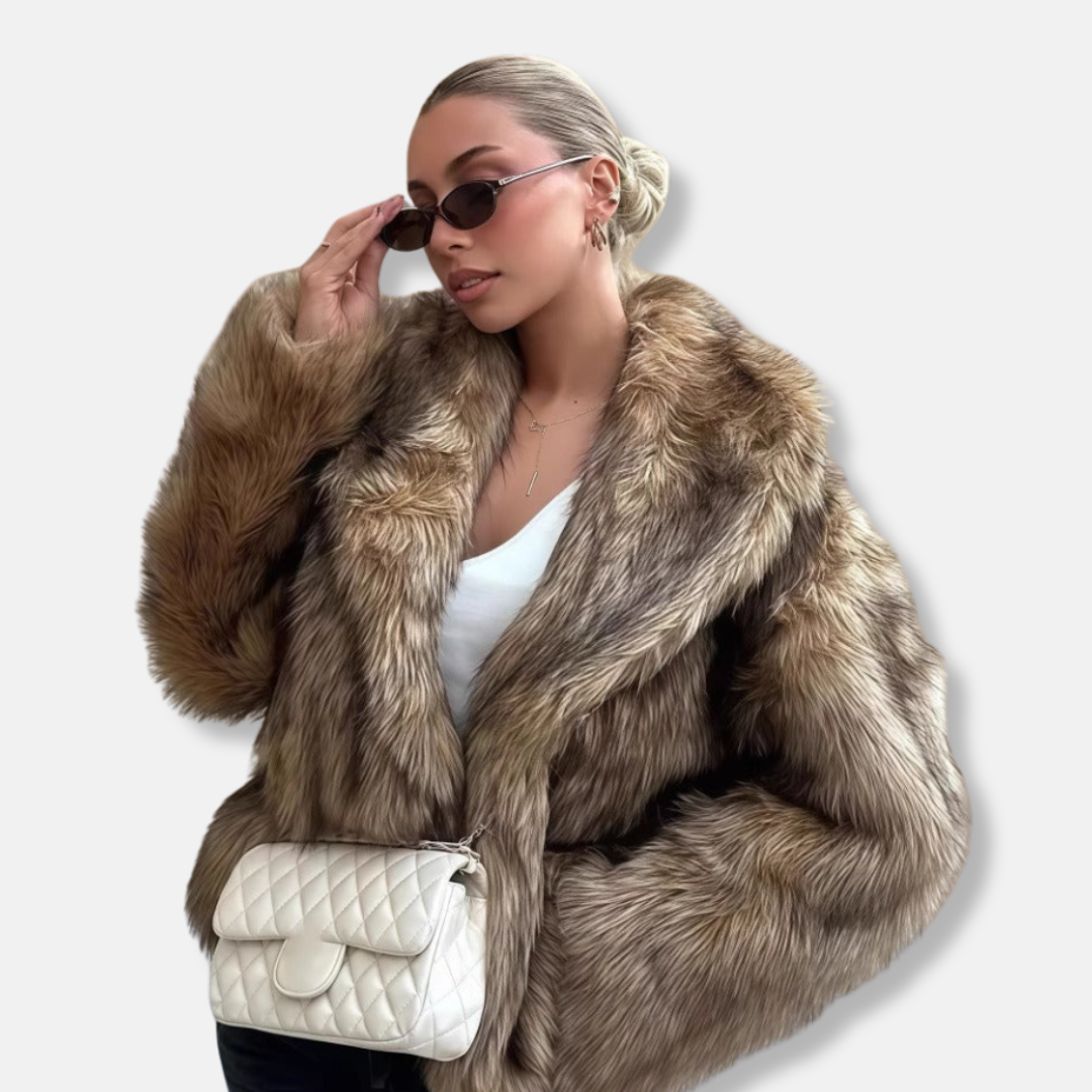 Women's oversized white faux fur coat with large collar and button front closure