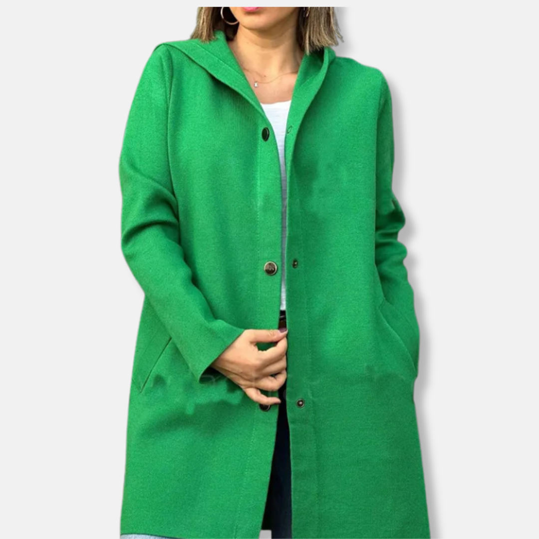 Women's wool blend hooded coat relaxed A-line silhouette mid-thigh length snap button closure