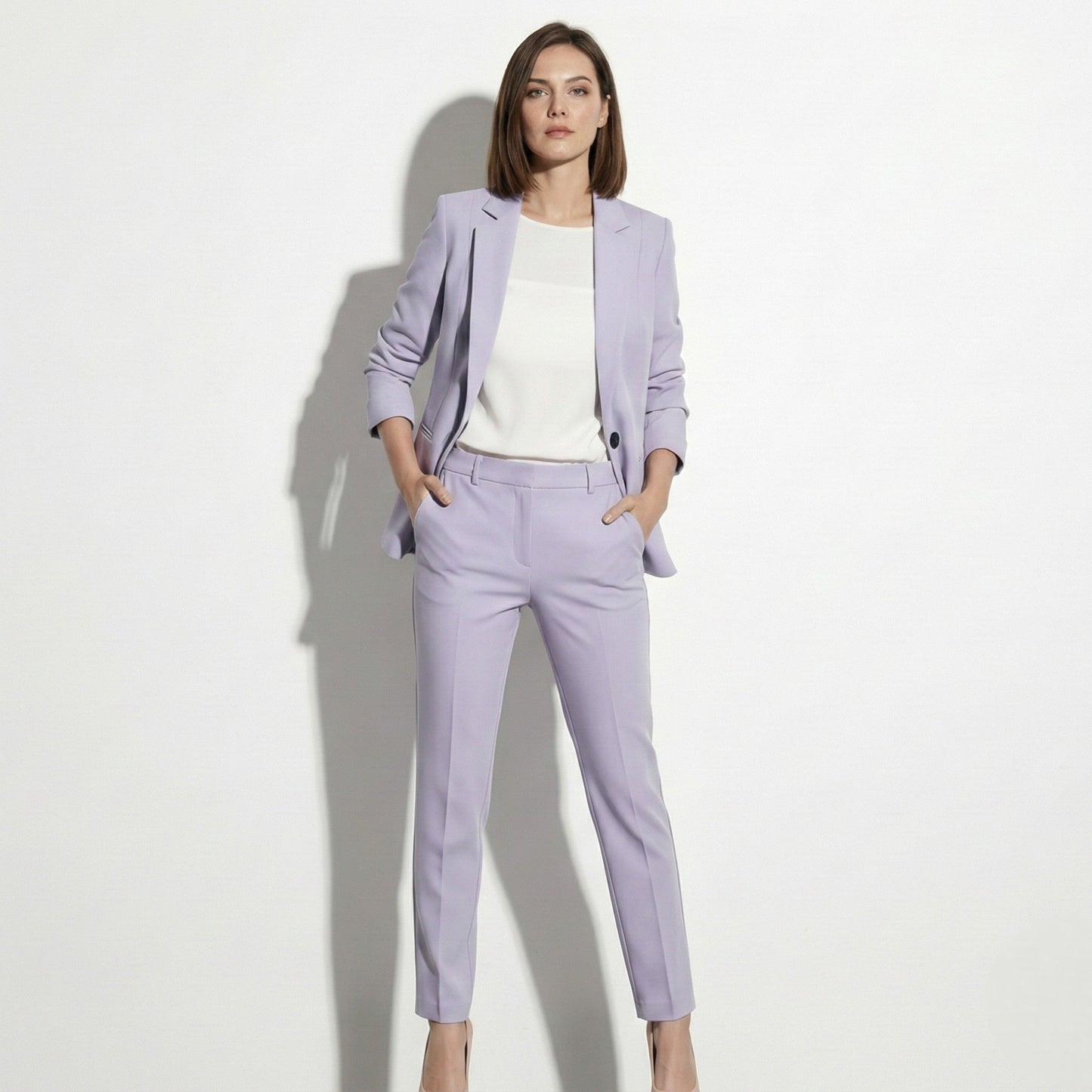 Women's soft cotton blazer and trouser set in classic cut, versatile two-piece for work and weekend