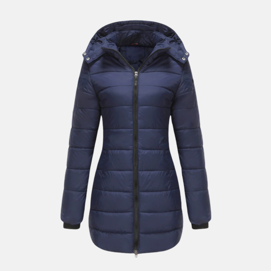 Women's longline quilted padded coat with two-way zipper hood, insulated warmth, modern silhouette