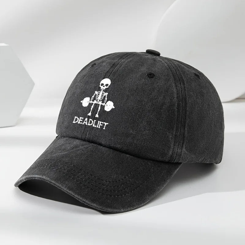 Washed cotton unisex gym cap with skeleton deadlift graphic and adjustable metal buckle strap